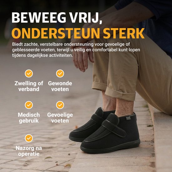Mensen met zwarte verbandsschoenen met klittenbandsluiting, buiten.