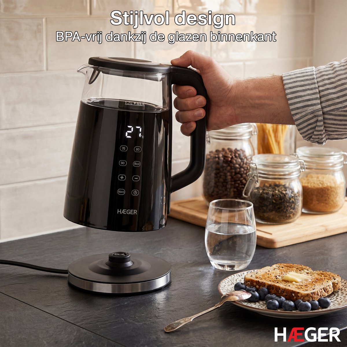 Haeger Digiglass Waterkoker met Temperatuurregeling - Anti-kalkfilter - Warmhoudfunctie - Dubbelwandig - Elektrisch - 1,7 Liter - 2200W - Zwart — afbeelding 4