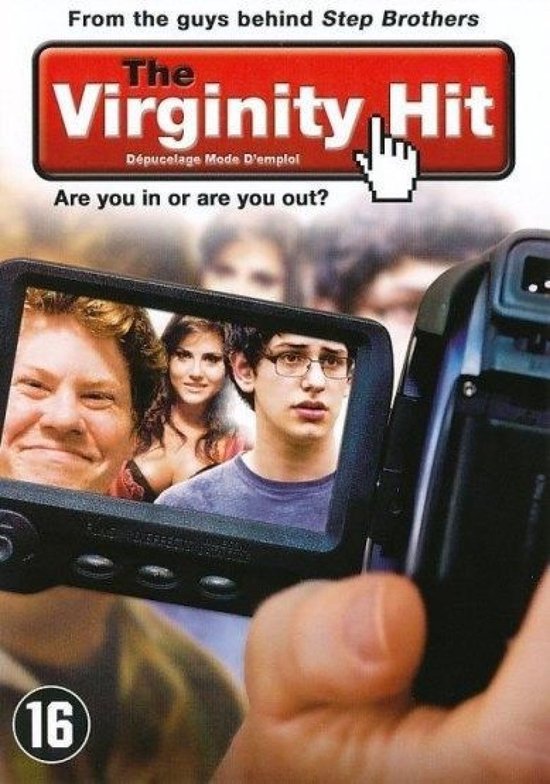 Dvd-hoes van The Virginity Hit met camerabeeld van drie jongeren en de tekst 'Are you in or are you out?'.