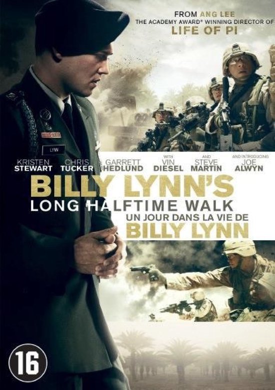 Filmcover: Billy Lynn's Long Halftime Walk met soldaten in gevechtstenue en een man in militair uniform, met de tekst "FROM ANG LEE".