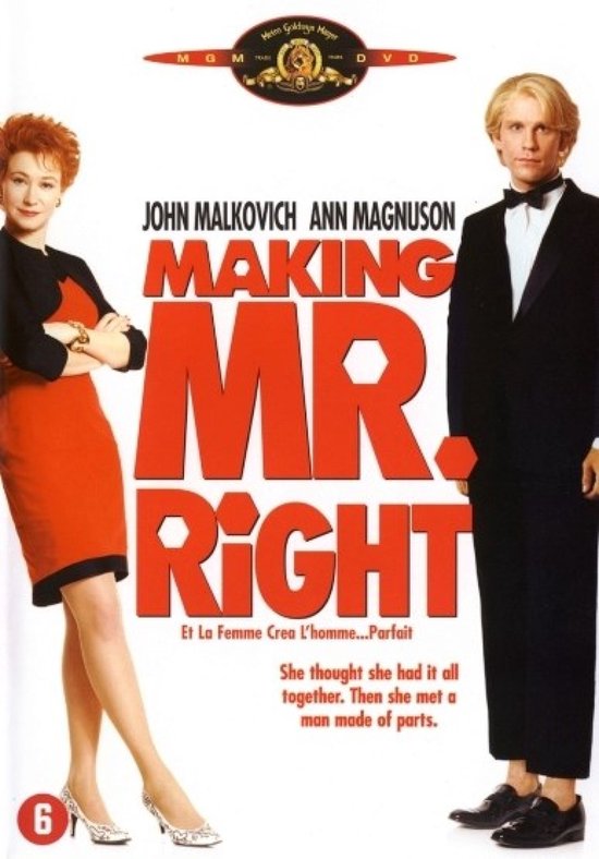 DVD hoes voor 'Making Mr. Right' met John Malkovich en Ann Magnuson, met een vrouw in rood en een man in smoking.