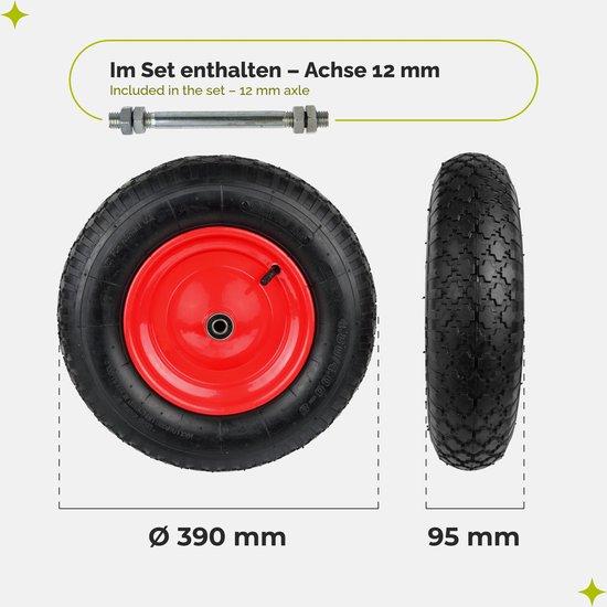 GARRONDA 2-pack zwart-rood - Vervangwiel Kruiwagen 4.80/4.00-8 Kruiwagenwiel Ø 390 mm Luchtband 2PR Band tot 100 kg met As Stalen Velg Kogellager voor Tuinwagen Erf Bouwplaats GD-0163, Zwart-Rood van Garronda — afbeelding 2