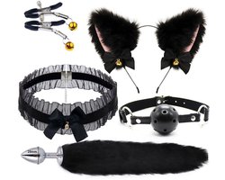 Oneay BDSM Speelgoedset – Anaalplug met Vossenstaart, Halsband, Tepelklemmen & Kattenoortjes & Gags– Rollenspel Set voor Beginners (Vrouwen) - Zwart
