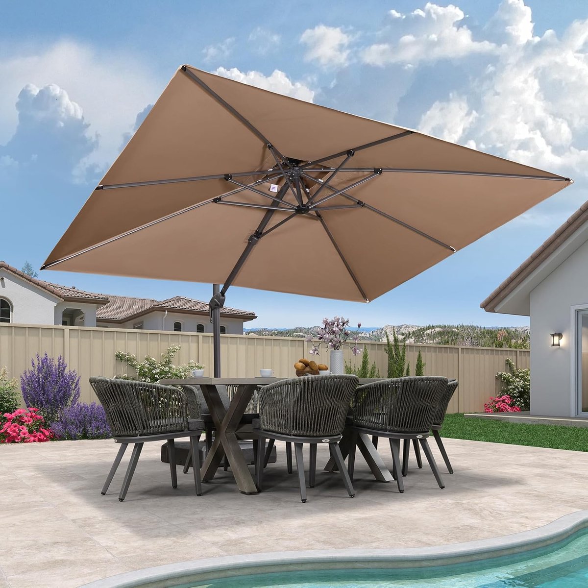 Zweefparasol 270x365 cm Rechthoekig XXL – 360° Draaibaar, Kantelbaar, UV50+ Zonwering, Waterdicht, Dubbel Dak, Met Parasolvoet – Beige | Laura