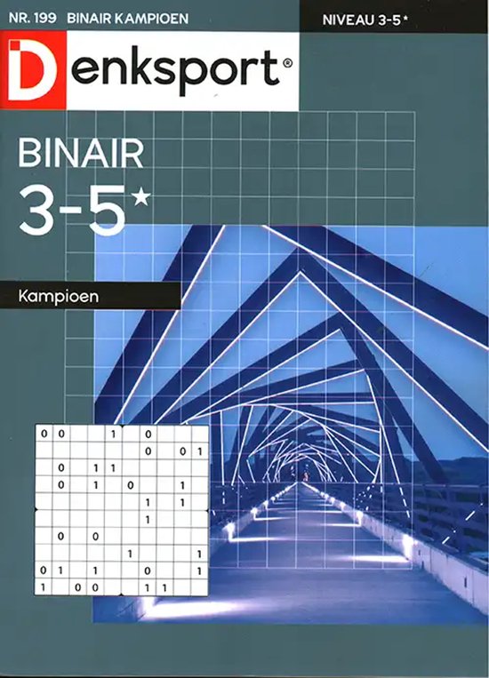 Denksport Binair Kampioen, niveau 3-5. Met een puzzel van nullen en enen en een tunnel met blauw licht.