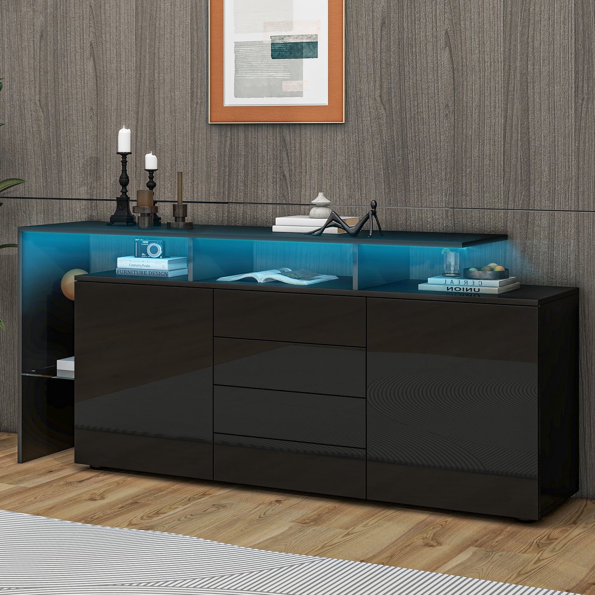 MODENUIT Dressoir - Met Led En 4 Laden - Tv-Meubel Voor Woonkamer - Spaanplaat En Glas - 1