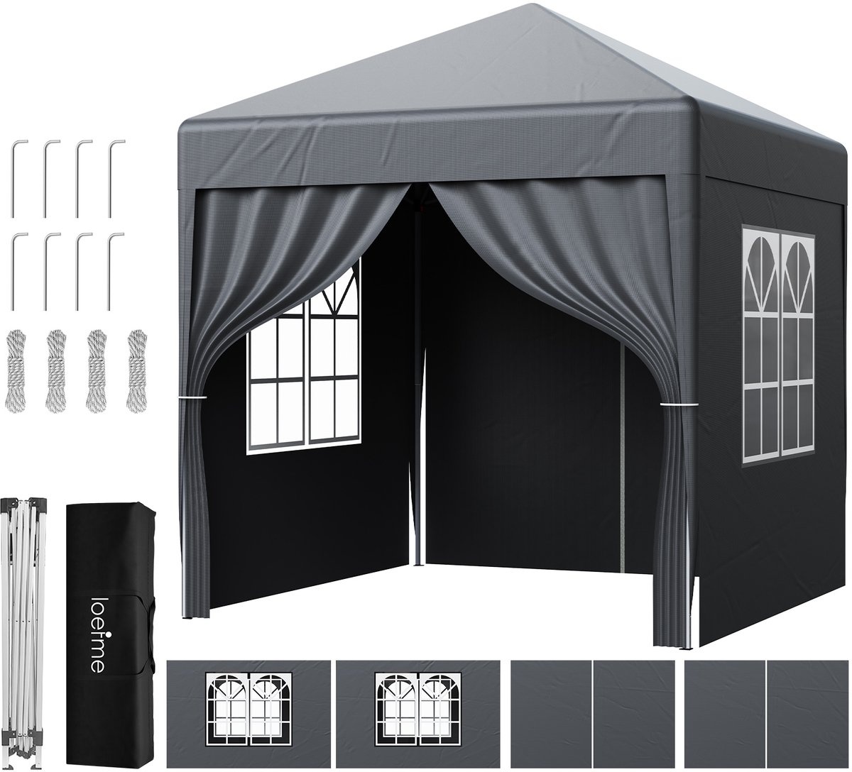 LOEFME Partytent Opvouwbaar - Paviljoen - Easy Up - 2x2m - Waterdicht - Paviljoen Met Zijwanden - Incl. Draagtas - grijs