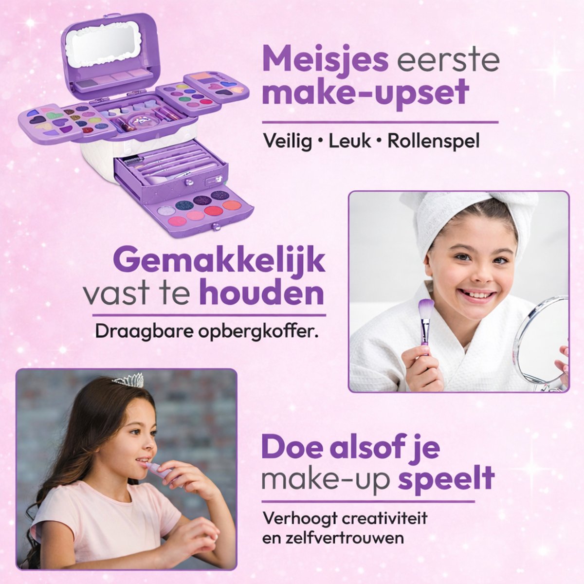 Twinsplay kinder make up - 72 Stuks - kinder make up koffer - kinder make up meisje - kinder make up tafel - kinder make up speelgoed - kinder make up set - kinder lippenstift - Paars — afbeelding 2