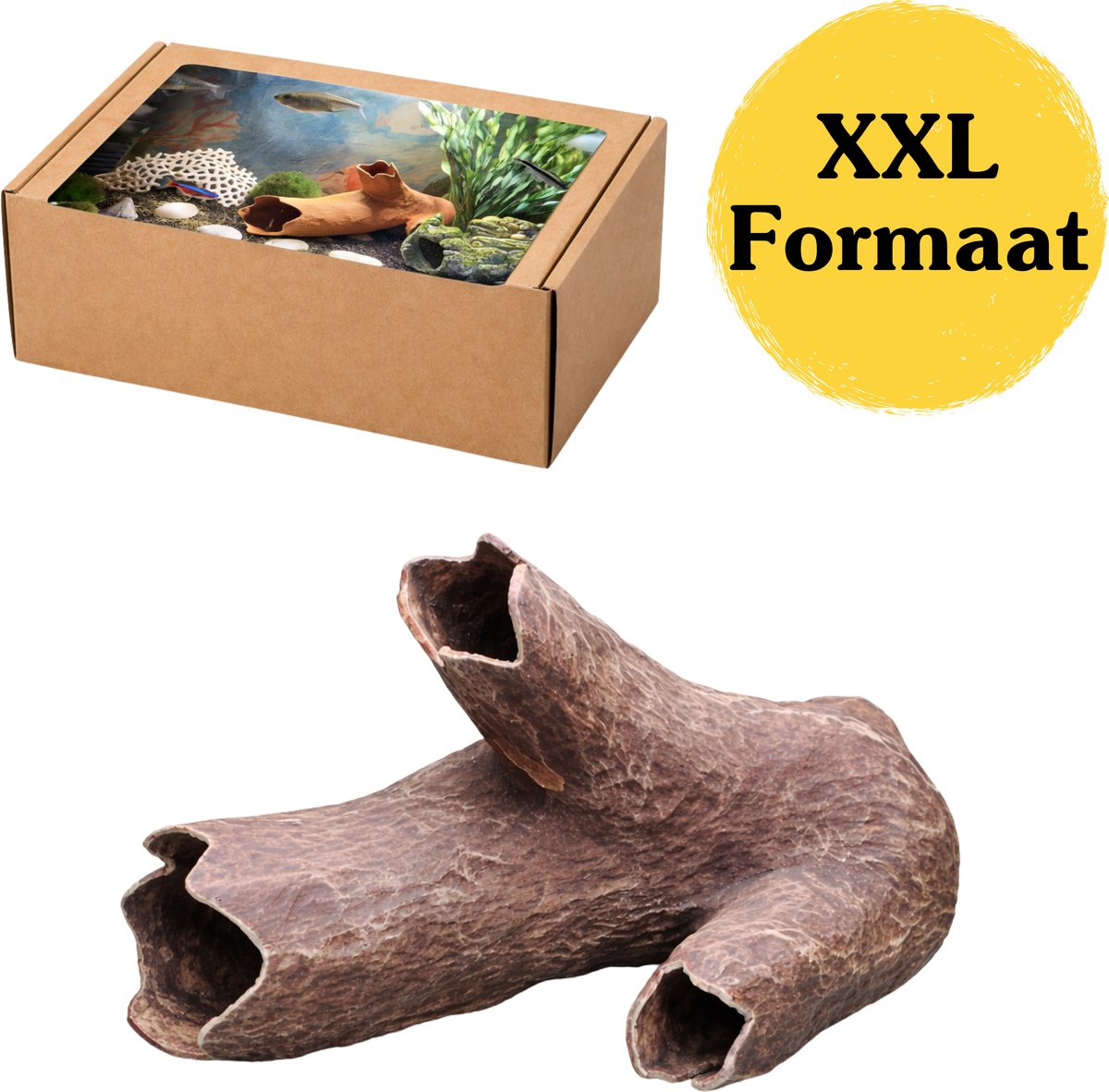 Aquarium Decoratie XXL Boomstam Grot – Grote Houtlook Aquarium Cave met Meerdere Ingangen – Schuilplaats voor Vissen, Garnalen & Pleco – Natuurlijke Aquarium Inrichting 15x12x20,9 cm