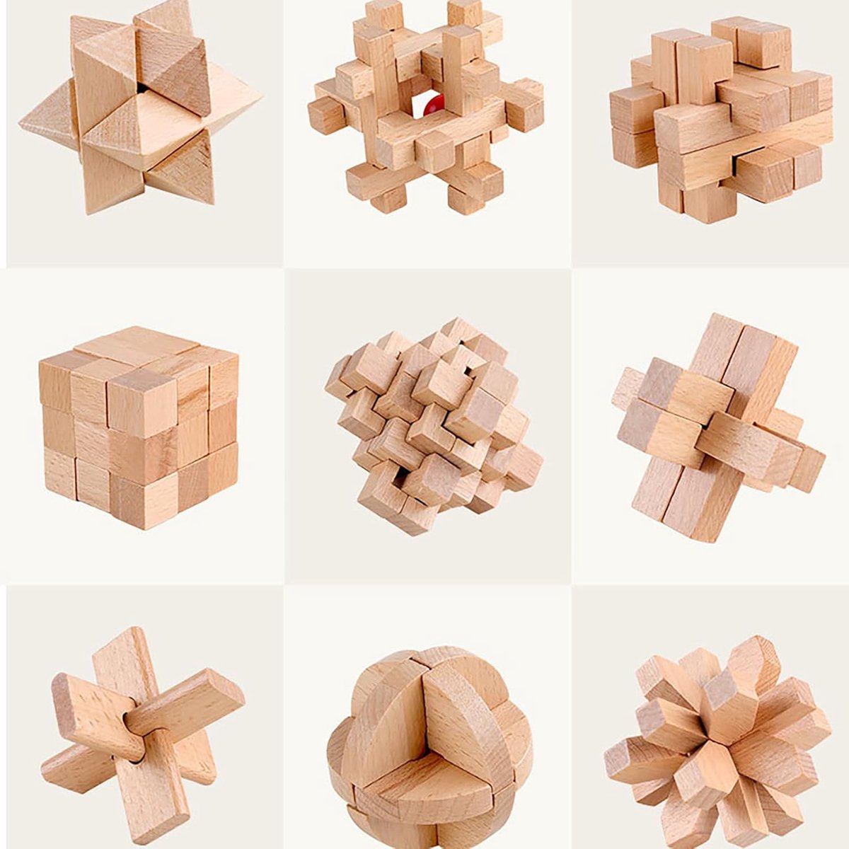 Houten Puzzel Set - Intelligentie Spel - Logica Oefenen - Set van 9 Stuks - 8x8x8 cm
