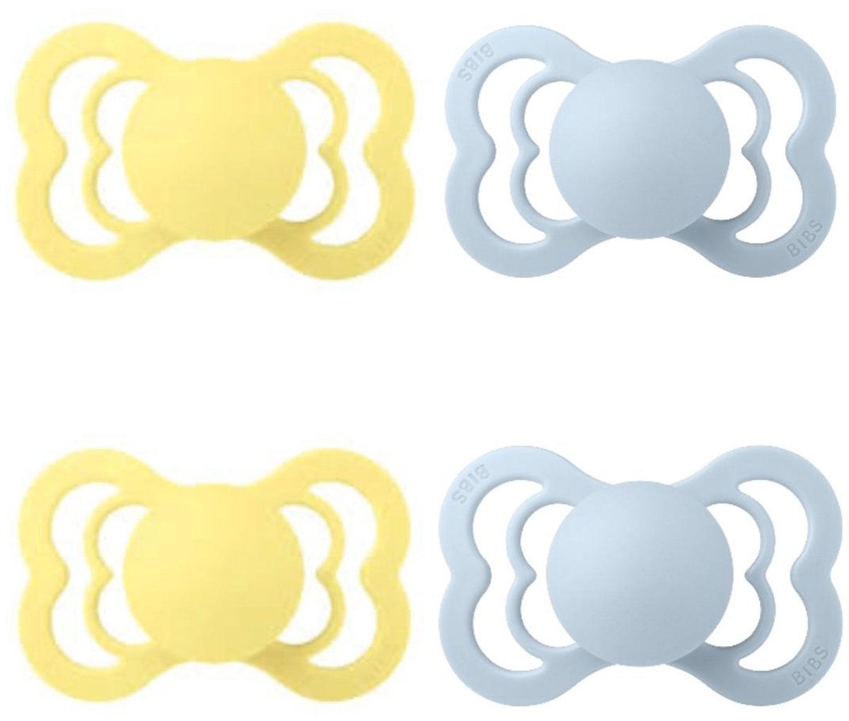 BIBS Supreme Fopspenen Set 4 stuks - Maat 2 / 6-18 maanden - Latex - Sunshine 2x - Baby Blue 2x