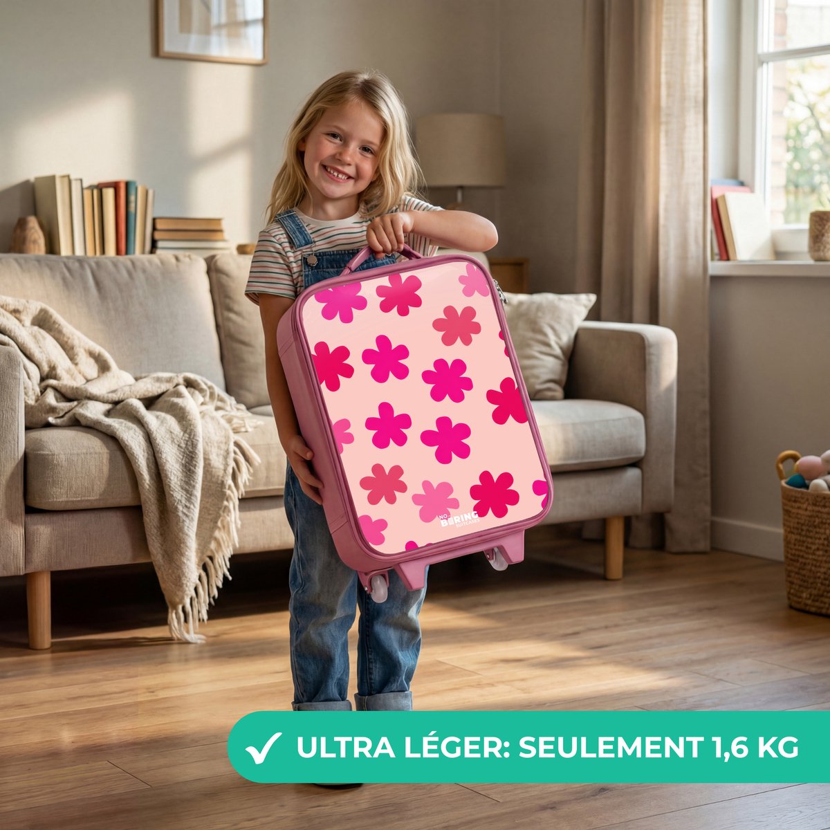 NoBoringSuitcases.com® - Kinderkoffer roze - Kindertrolley meisje - Roze bloemen - Koffer kind lichtgewicht - Reiskoffer trolley voor kinderen - Koffertje met lichtgevende wieltjes - Rolkoffer — cadeau in Spellen & Speelgoed - foto 6