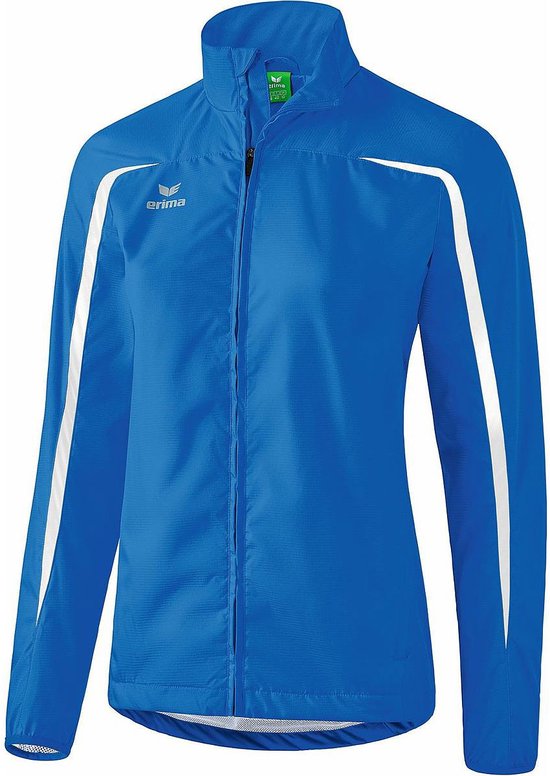 Erima dames sportjas in nieuw royal blauw met witte accenten op de mouwen en kraag.