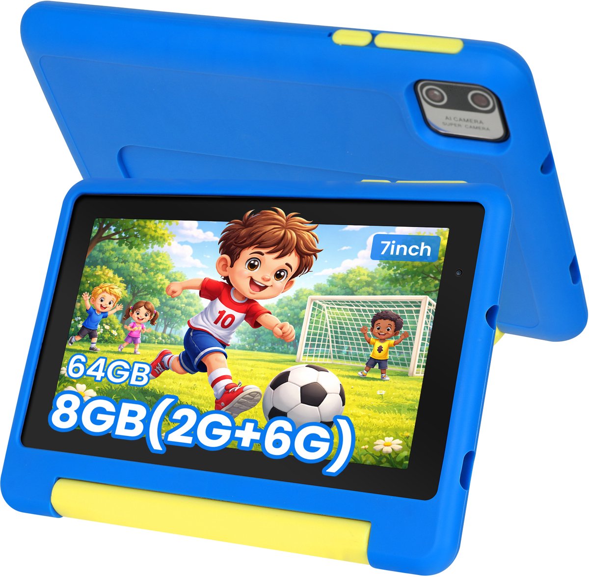 Hotlight Kindertablet 7 inch - 128GB (64GB+64GB) + 8GB RAM - Inclusief Beschermhoes en 64GB SD-kaart - Ouderlijk Toezicht & Lange Batterijduur - Blauw