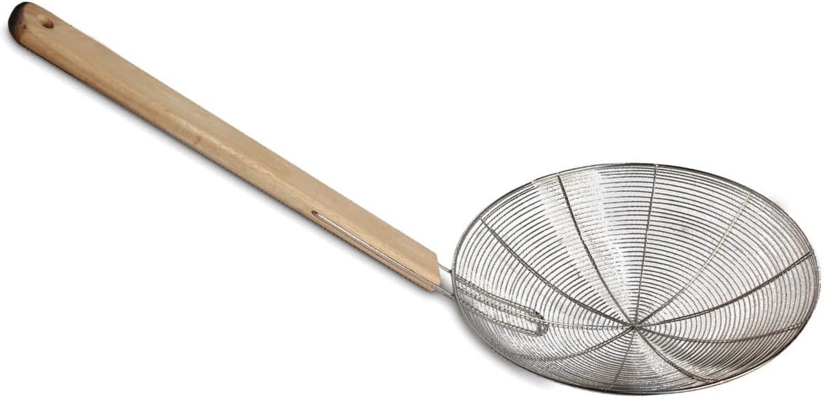 Metalen Wok Zeef - Olie Lepel - Wokken Frituren - Houten Handvat - 25 cm - Zilver