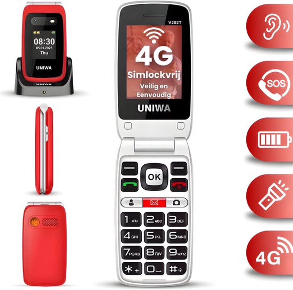 4G Senioren Telefoon Klapbaar – Grote Toetsen – SOS Knop – Oplaadstation - 128MB – Rood