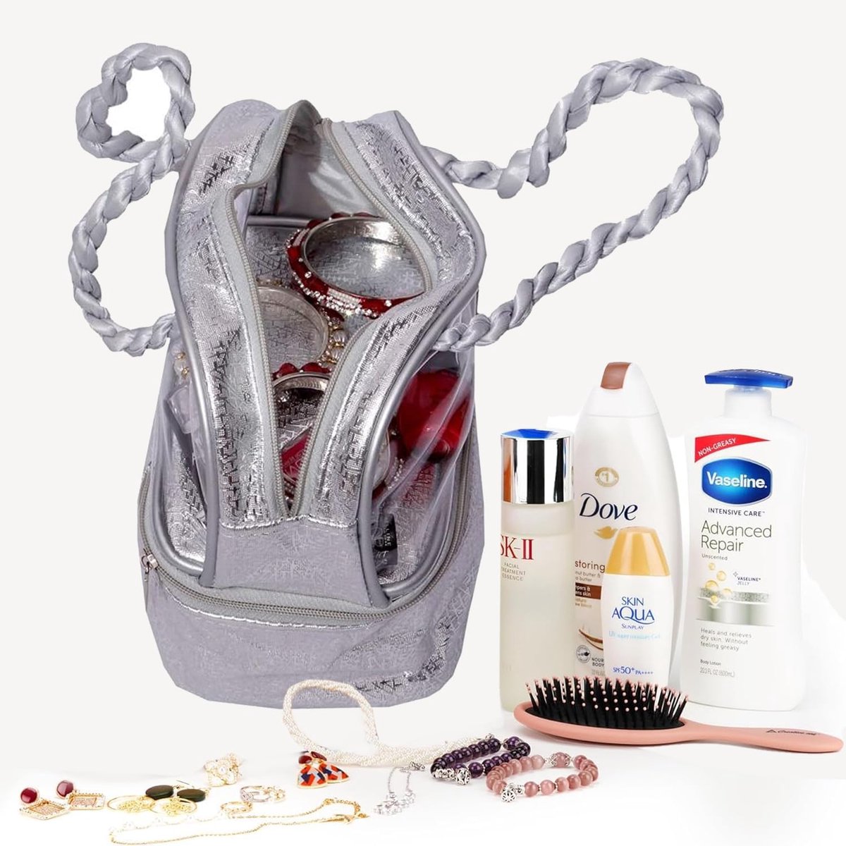 Make-up Kit - Cosmetica Tas - Reizen Opbergen - Dubbellaags Handvat - Compact Model - Zilver