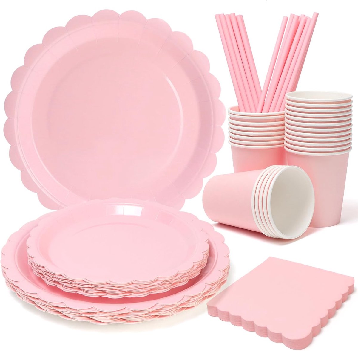 Servies Set - Feestartikelen - Feestelijke Gelegenheden - Golvende Rand - 125 Stuks - Roze