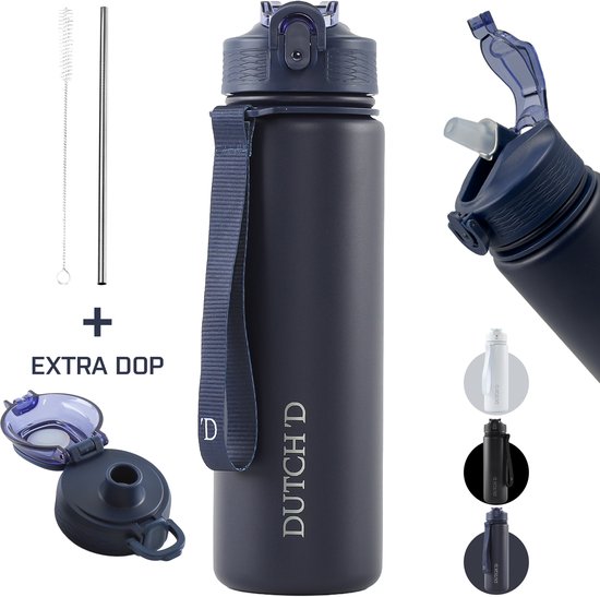 Dutch'D ® - RVS Thermofles - Drinkfles - 800ML - Waterfles met rietje - Thermosfles - Dubbelwandige isolatie - Thermoflessen - Met Extra Dop - RVS Drinkfles - Thermosbeker - Waterfles volwassenen - Lekvrij - Navy blauw