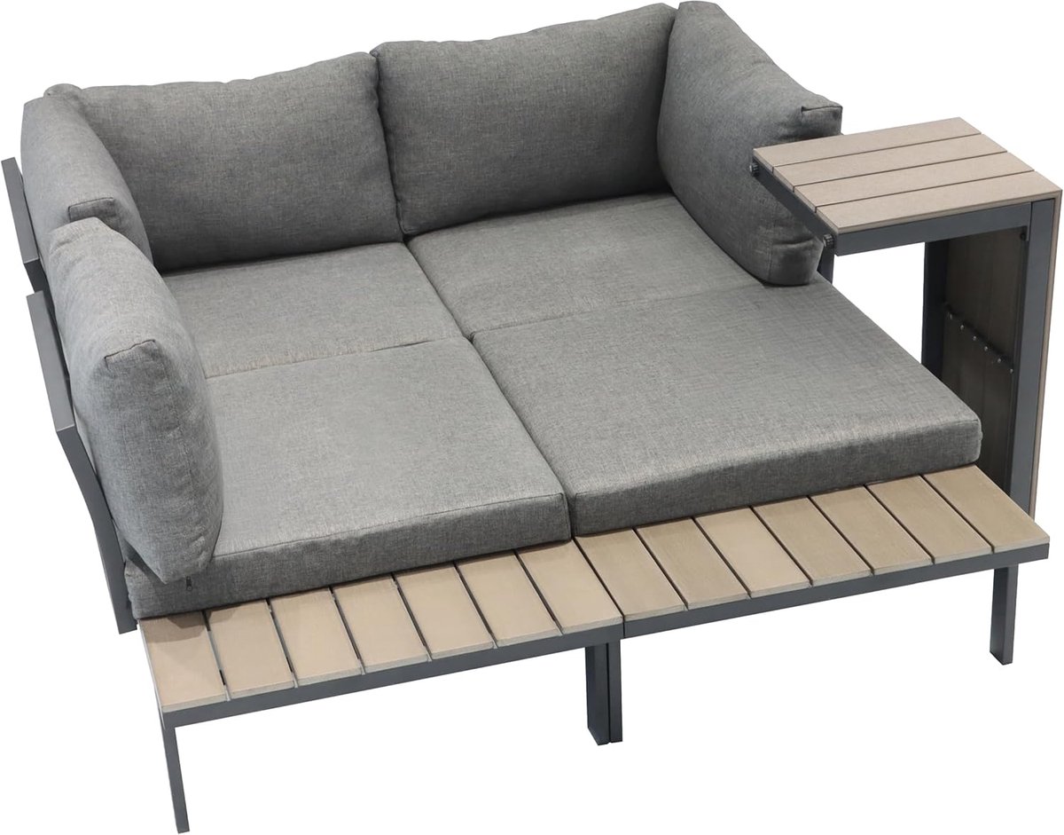 Modulaire 3-delige Loungeset voor Tuin en Terras 2x Loungebank 155x70x64 cm + 1x Tafel 70x40x40 cm – Weerbestendig, Modern Houtlook Design, Inclusief Kussens – Laura