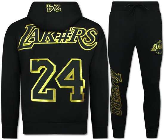 Zwart trainingspak met gouden 'LA Lakers' en nummer '24' op de hoodie, en 'Lakers' op de broek.