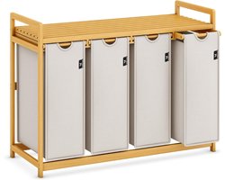 RONN® Wasmand 4 Vakken - Wassorteerder - Wasmand - met Verwijderbare Waszak - Licht Grijs - 107cm x 42cm x 77cm ; 6.3 kg