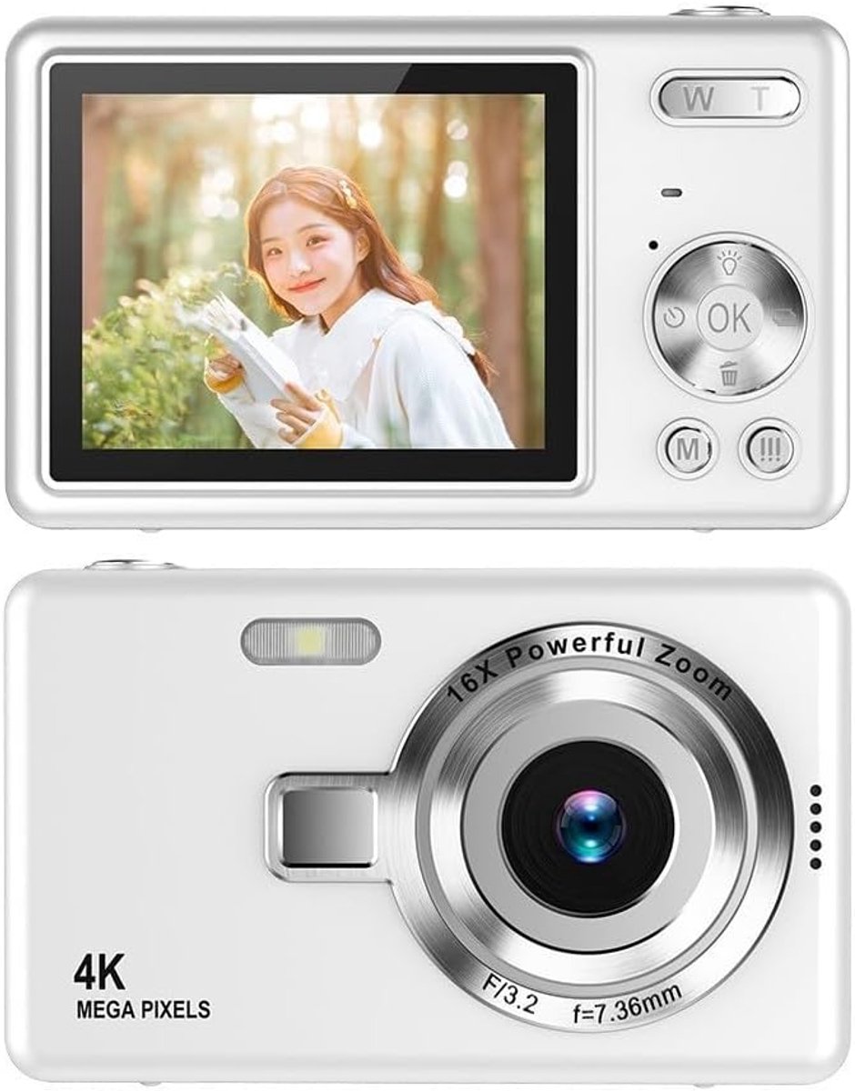Camera - Digitale camera 1080p Full HD 44MP met 2,4 inch LCD-scherm - 16x digitale zoom - Compacte draagbare vlogcamera - Met 32 GB SD-kaart - Voor kinderen - Tieners - Studenten en beginners (Wit)