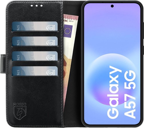 Zwarte portemonnee telefoonhoes open met pasjes, geld en Samsung Galaxy A57 5G telefoon.
