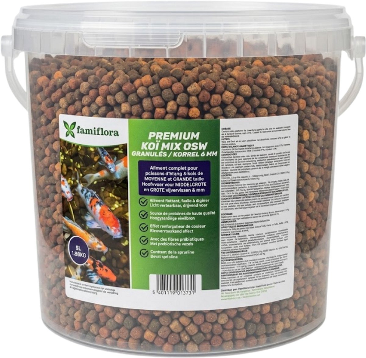 Famiflora Koi Mix OSW 6 mm - Vijvervissen & Koi - 5 Liter (ca. 1,68KG) - Drijvende korrels van 6 mm - Licht verteerbaar hoofdvoer - Bevat spirulina en prebiotica