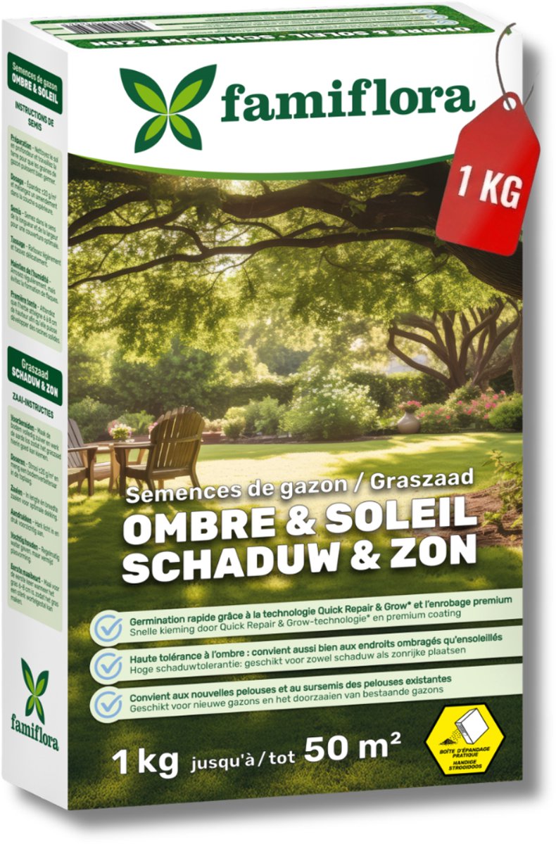 Famiflora graszaad 1kg tot 50m² - Schaduw & zon - ideaal voor een schaduwgazon - Goed voor een gazon tot 50 m² - Hoge schaduwtolerantie - Voor een vol & egaal gazon