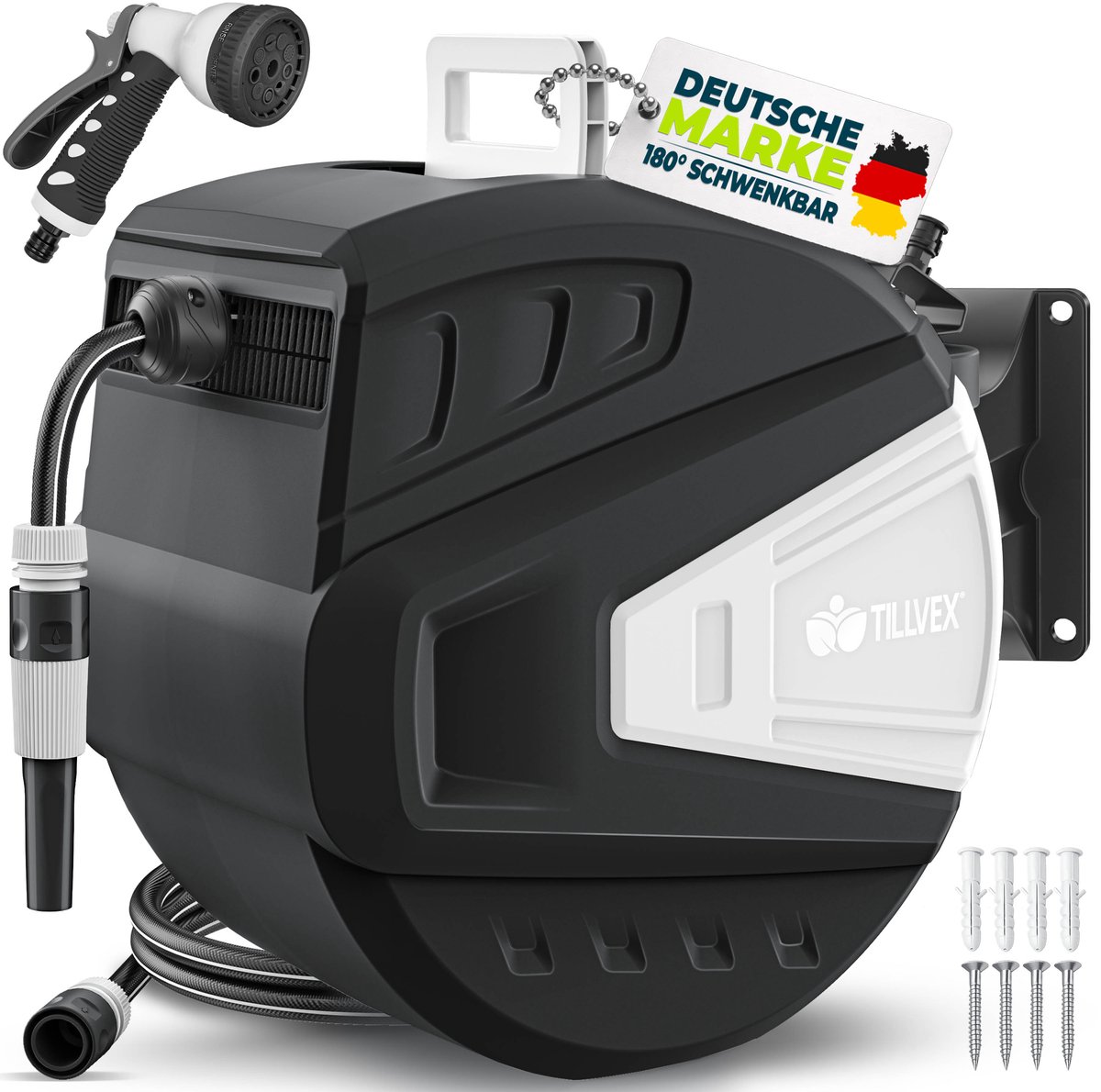 tillvex® Slanghaspel Water Zwart 35m met Wandbevestiging & Transportgreep | Slangoproller met Handdouche en Tuinslang | 180° Zwenkbaar | Wand-Slangbox met Oprol-Automatiek