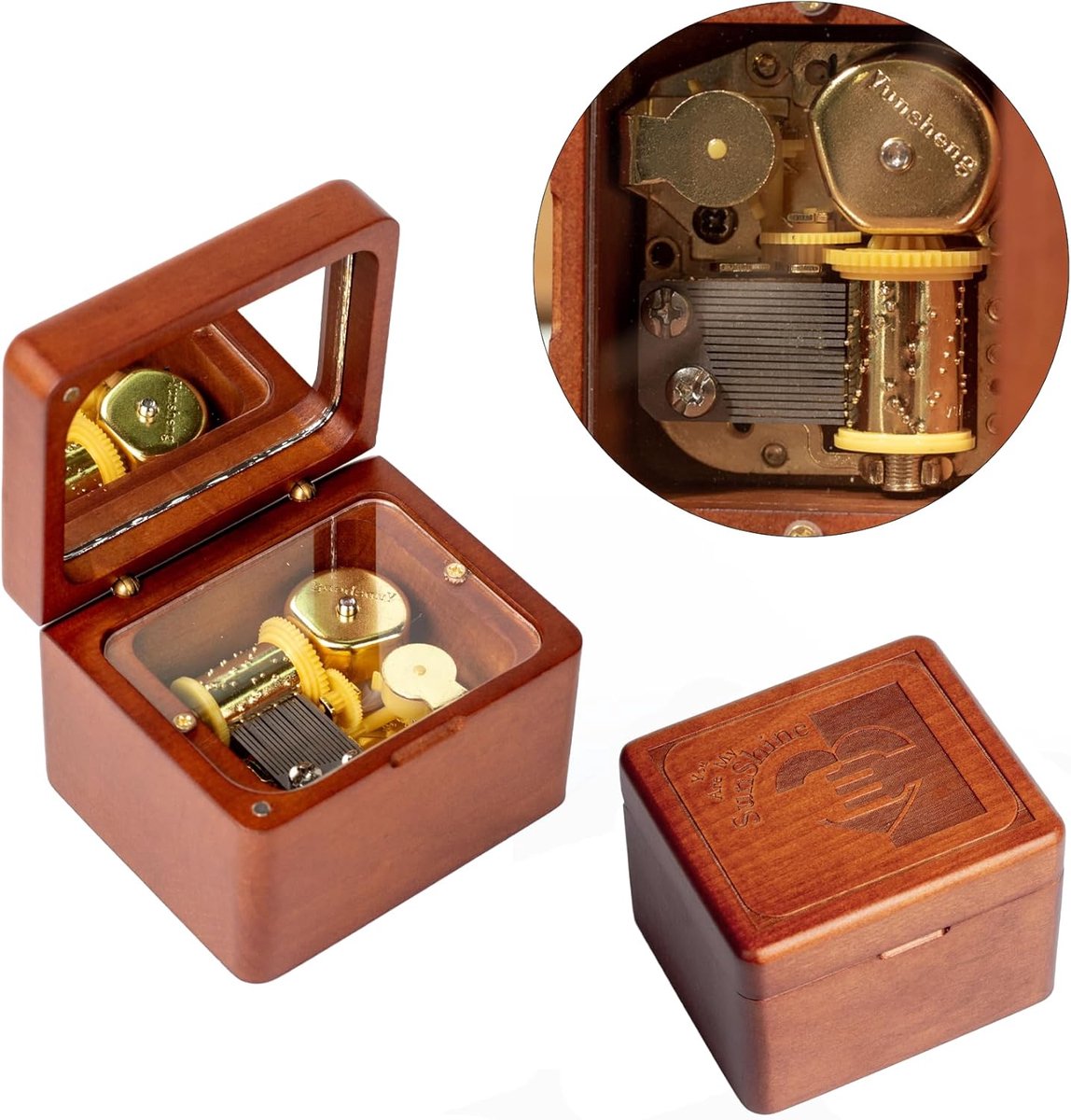 Houten Muziekdoos - Speeldoos Melodie - Cadeau Geven - Handmatige Aandrijving - 8.9 x 7.5 x 7 cm - Natuurlijk Hout