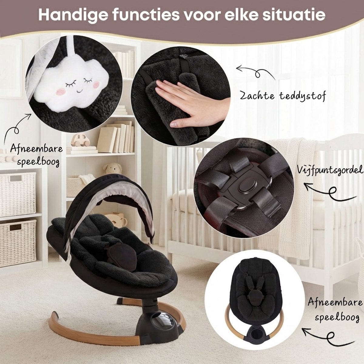 3Babies Elektrische Babyschommel – Zwart thumbnail 2