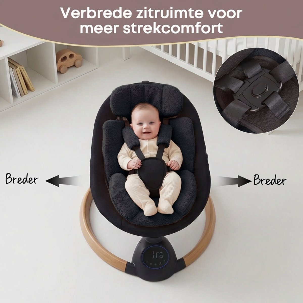 3Babies® Baby Swing – Elektrisch Wipstoel – Babyschommel – Elektrische Schommelstoel baby – Wasbare Bekleding – Afstandsbediening en App – Teddy Materiaal – Zwart – foto 7