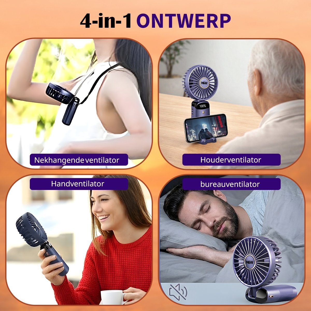 Oplaadbaar USB Handventilator - Draagbare Mini Ventilator met Standaard, Telefoonhouder en Nekkoord - 3 Standen - 3000 mAh - Voor Thuis, Kantoor, Onderweg, Vakantie en Festival - Paars — afbeelding 7