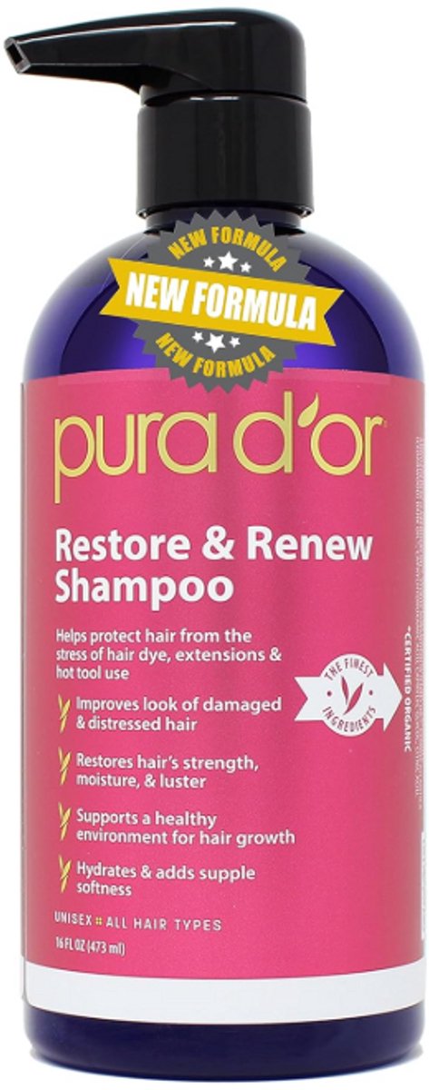 PURA D'OR Restore & Renew Shampoo 473ml – Beschermt Gekleurd Haar & Extensions – Met Aloë Vera, Rozemarijn & Duindoorn Olie – Herstel & Hydratatie