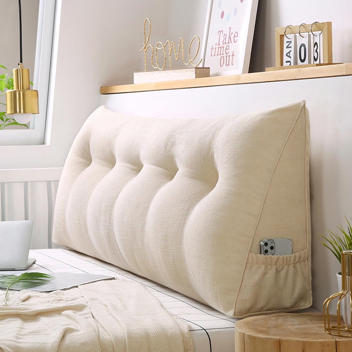 Rugleuning kussen - Hoofdeinde steun - Ontspannen lezen - Afneembare hoes - 60x20x50cm - Gebroken Wit