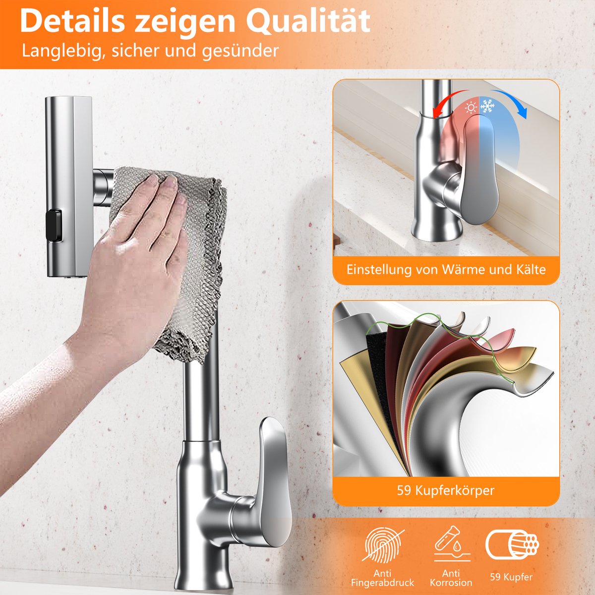 Intebiki keukenkraan met uittrekbare uitloop - 3 Waterstromen - 360° Draaibaar - Eenvoudig te Installeren - Zilver Chroom - RVS