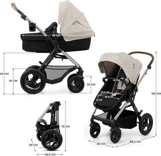Technische tekening van de kinderwagen met afmetingen in cm voor diverse standen.