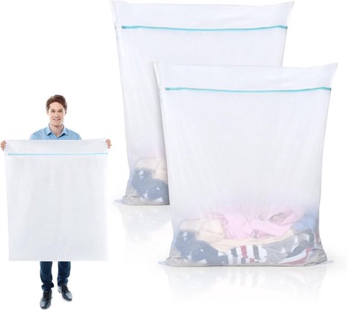 Set van 2 waszakken van mesh - Waszakken van mesh geschikt voor de wasmachine - Waszakken van mesh met ritssluiting - Geschikt voor ondergoed - Wit