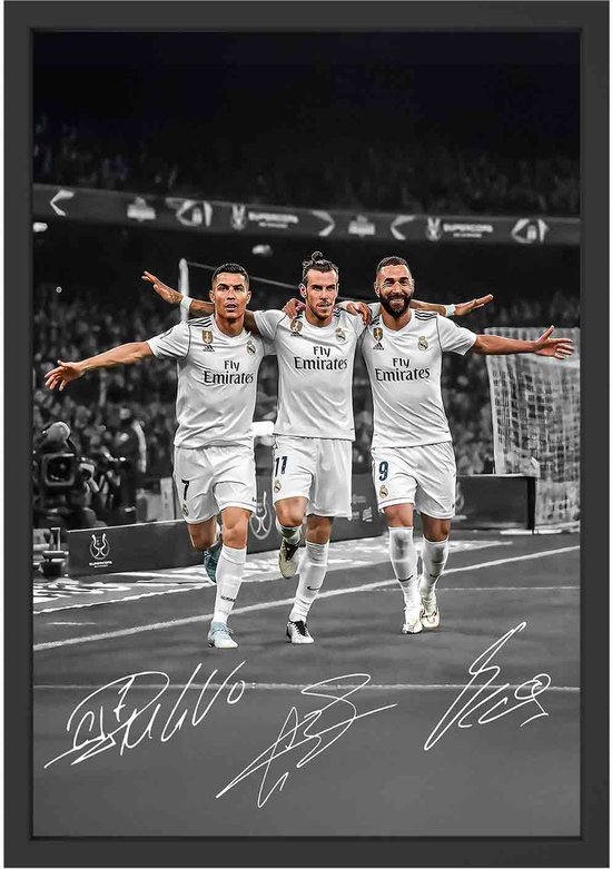 Affiche Cristiano Ronaldo Gareth Bale Benzema Encadrée A3 (30x40 cm) avec Cadre Noir – Décoration Murale Voetbal BBC