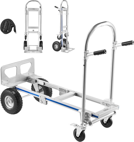 Zilverkleurige, opvouwbare hand truck in 4-wiel modus, steekwagen modus en opvouwbaar met tie-down strap.