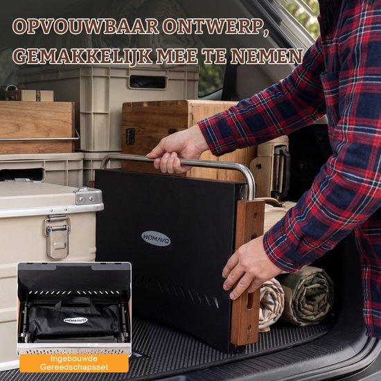 Homavo opvouwbare houtskoolgrill, 38.15*20.95cm, compacte houtskoolbarbecue voor buiten, met gereedschapsset, geschikt voor kamperen, picknicken, tuin, voor 1-4 personen van Merkloos — afbeelding 3