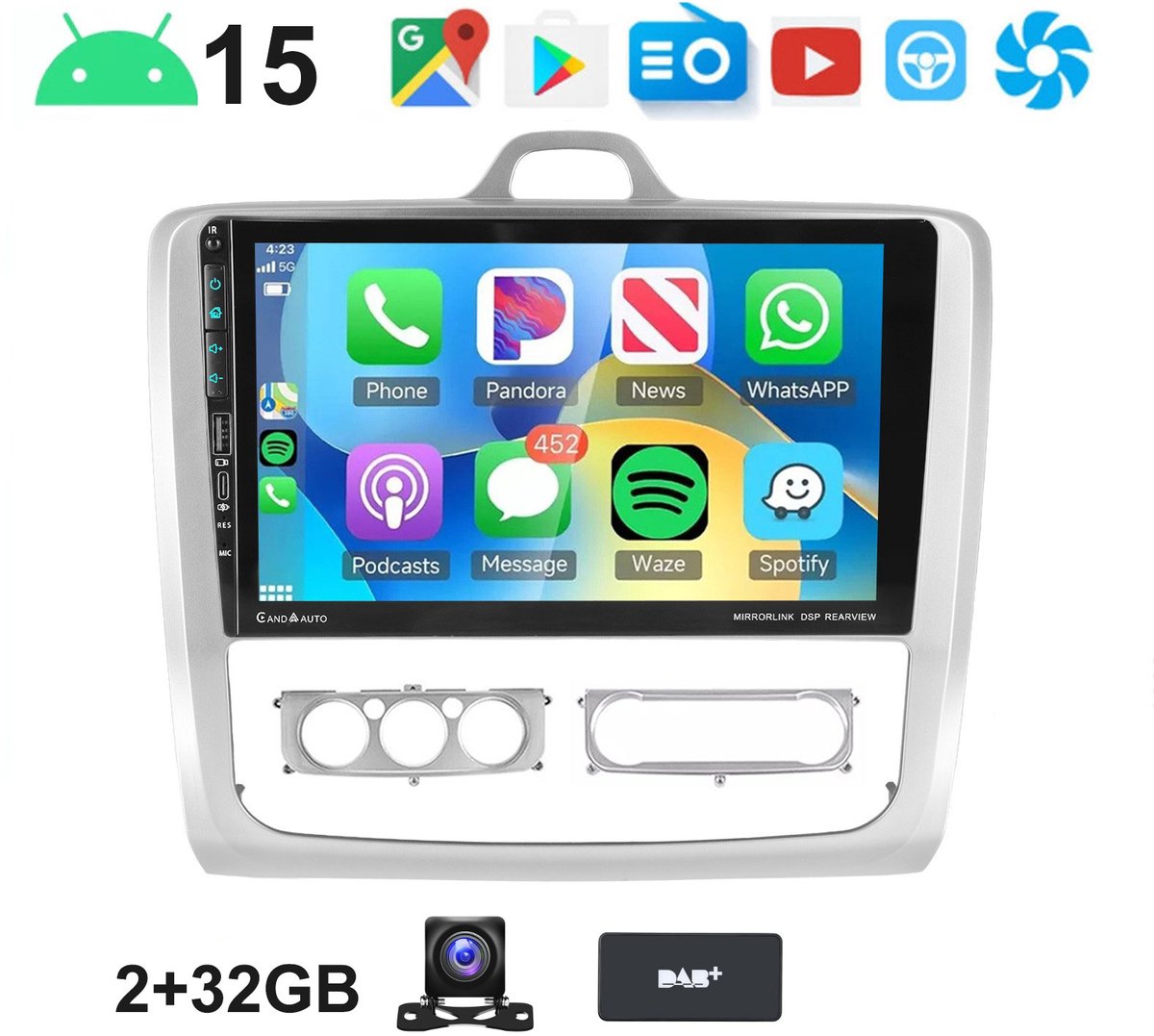 ESSGOO autoradio carplay geschikt voor Ford Focus II MK2 2004-2011 - Android 15 - 2+32GB - Bluetooth & Wifi & Achteruitrijcamera & DAB - Met Navigatie - TypeC USB
