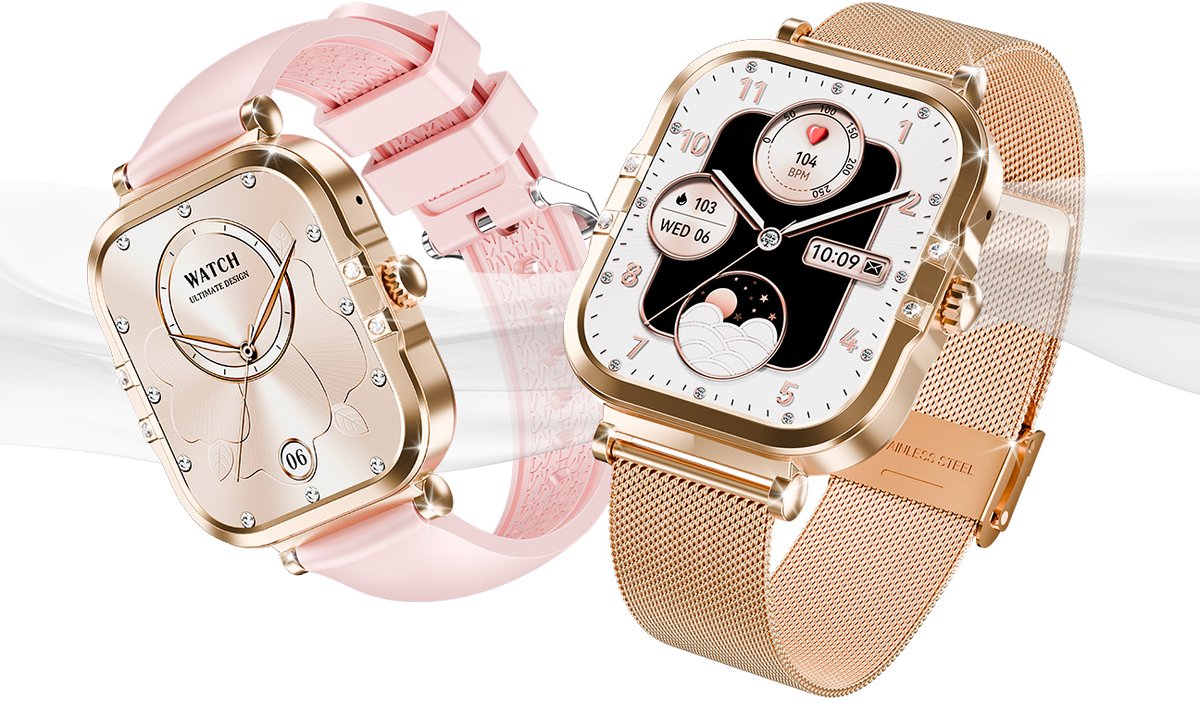 AMOLED-smartwatch voor dames - Nieuw voor 2025 - 1,75-inch fitnesshorloge met telefoonfunctionaliteit - Twee bandjes - Volledig touchscreen - Vierkant ontwerp - Stijlvol sporthorloge voor dames - Compatibel met Android 4.4+ / iOS 10.0+.