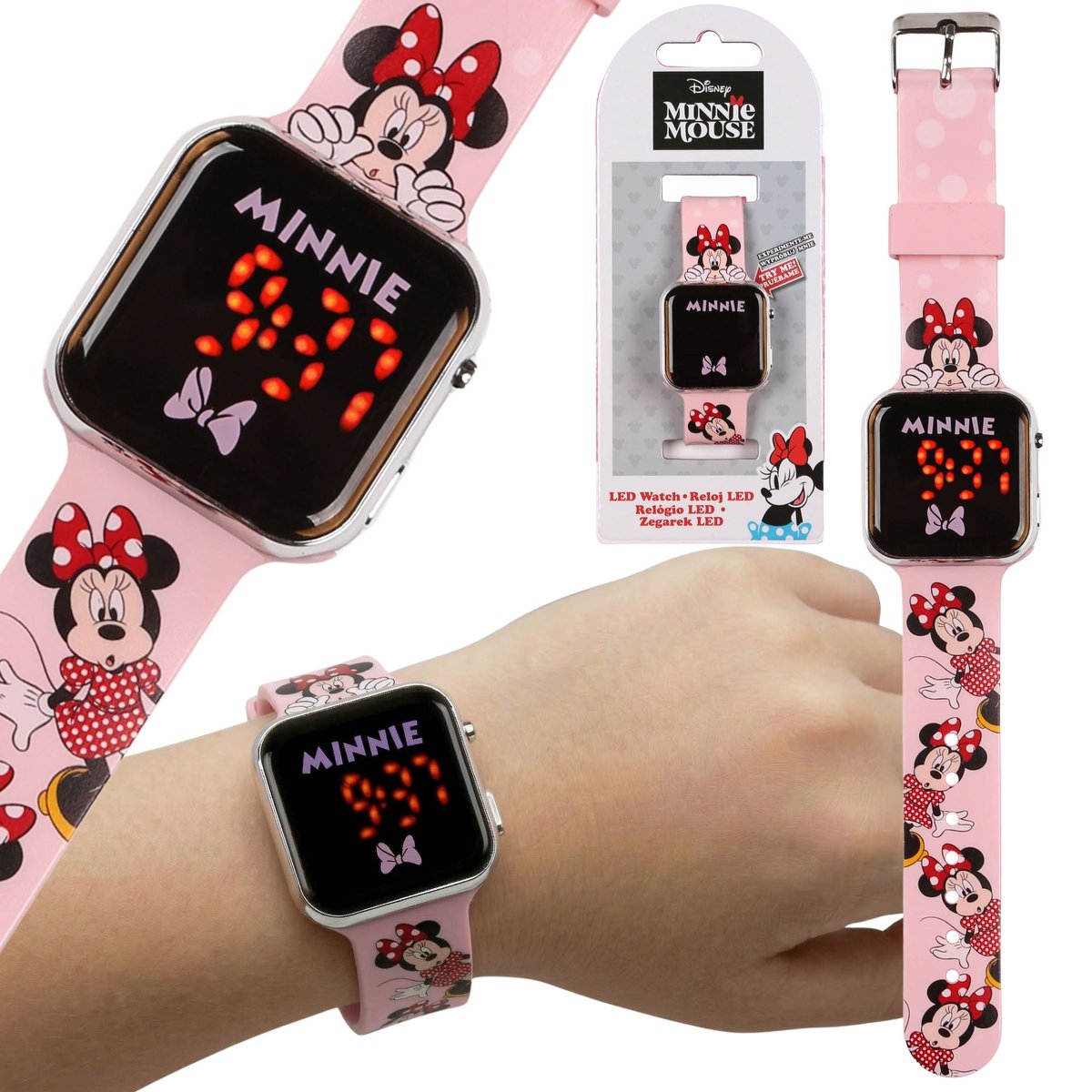 DISNEY Minnie Mouse Roze digitaal horloge, LED-polshorloge voor meisjes, met datum en tijd