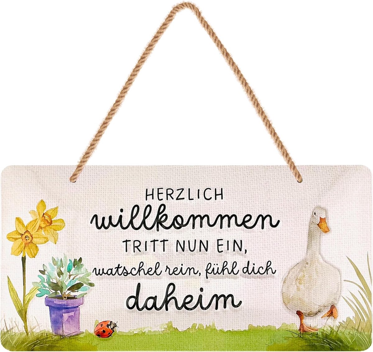 Welkomstbord Metaal - Decoratie Bord - Voordeur Decoratie - Met Jute Koord - 16x32 cm - Wit