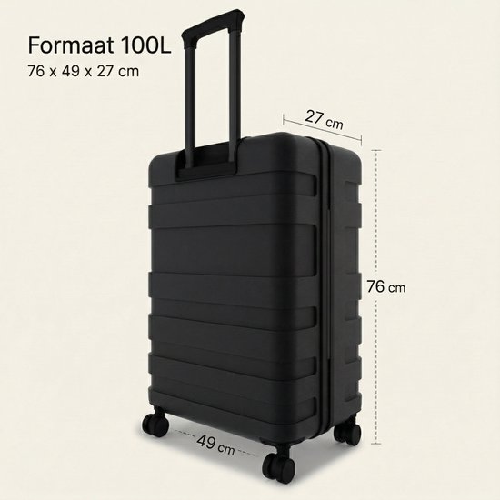 Afmetingen van de zwarte 100L koffer: 76 cm hoog, 49 cm breed en 27 cm diep.