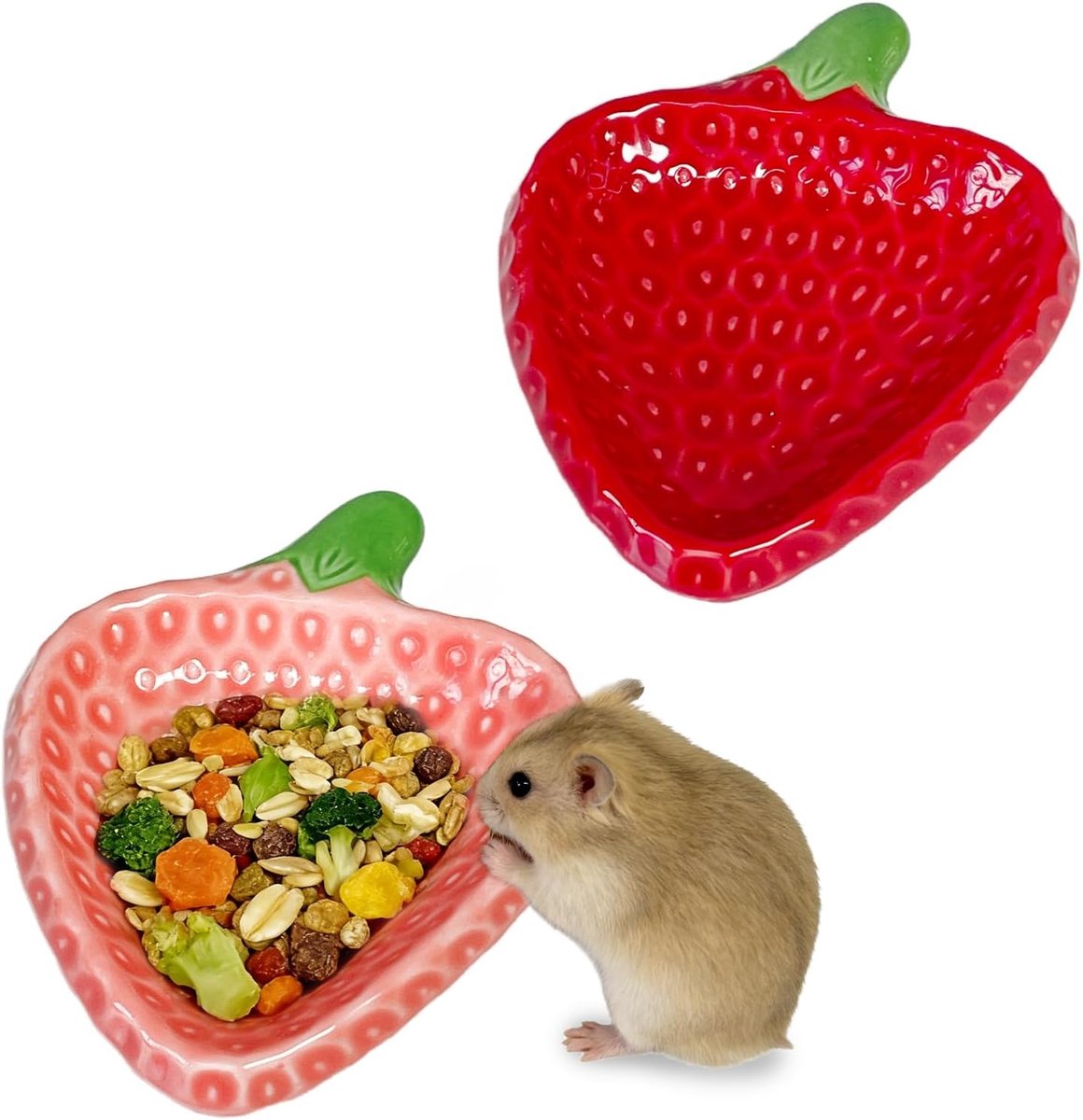 Hamster Voerbakjes - Kleine Dieren Kom - Voeding en Water - Antislip Keramiek - 10x8x2 cm - Aardbei Design