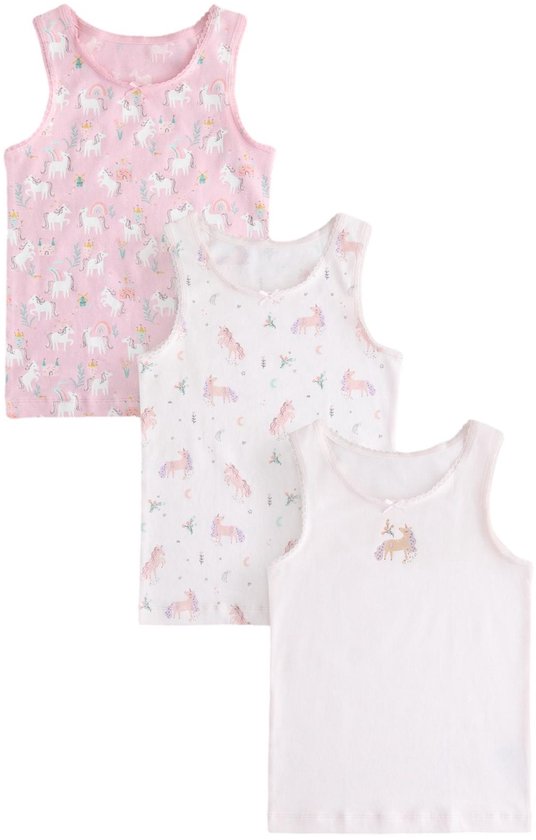 Set van 3 hemdjes: roze met eenhoorns, wit met roze eenhoorns, en lichtroze met een geborduurde eenhoorn.